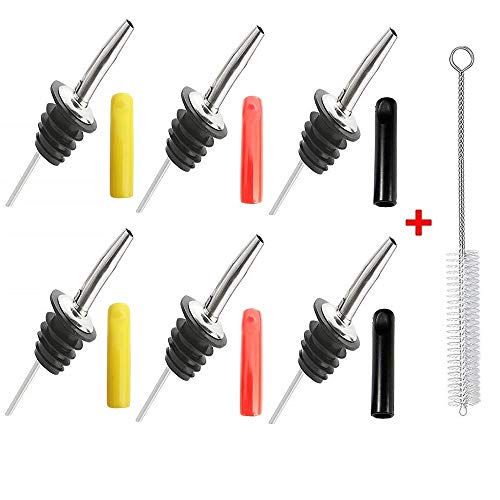NJ Metal Bottle Pourers Spouts for Liquor, Wine and Spirits Perfect for Restaurant, Bar, Hotel, Kitchen Use Flowing with Red, Yellow,Black dust Covers and Free Cleaning Brush: Pack of 13 Pcs - Image 1