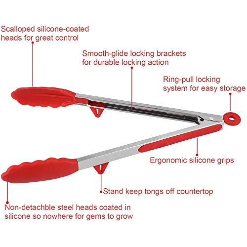 P-Plus International Stainless Steel Silicone Tongs for Cooking, Set of 2, Includes 9 and 12 Inch Locking Kitchen Tong, Heat Resistant Tip, Strong Grip for Meat, Perfect for Nonstick Pans, BBQ, Red - Image 5