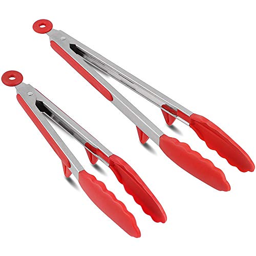 P-Plus International Stainless Steel Silicone Tongs for Cooking, Set of 2, Includes 9 and 12 Inch Locking Kitchen Tong, Heat Resistant Tip, Strong Grip for Meat, Perfect for Nonstick Pans, BBQ, Red - Image 1