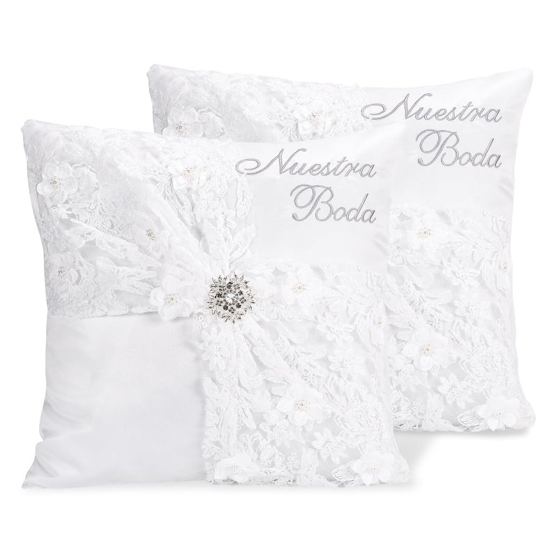 Nuestra Boda Wedding Kneeling Pillows Cover Set of 2 16 x 16 Inch Embroidered Prayer Pillow for Kneeling Satin and Lace WhiteSilver Decoracion for Bodas