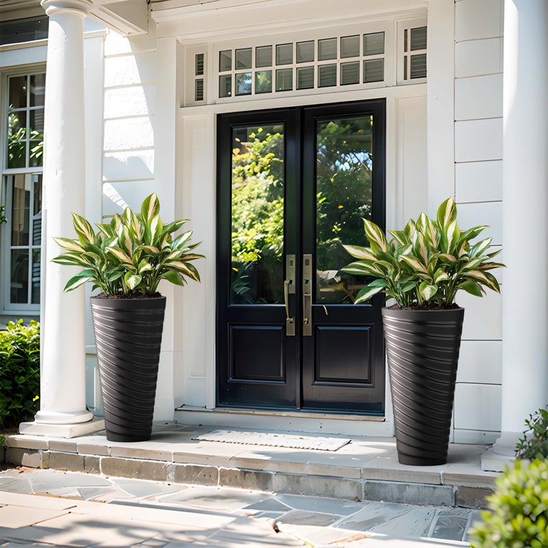Kante 29 Inch Tall Planter Set of 2, Round Spiral Textured Flower Pots, Decorative Plant Pots for Outdoor Indoor Garden Patio Front Porch (Black) - Image 4