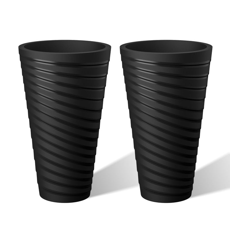 Kante 29 Inch Tall Planter Set of 2, Round Spiral Textured Flower Pots, Decorative Plant Pots for Outdoor Indoor Garden Patio Front Porch (Black) - Image 1