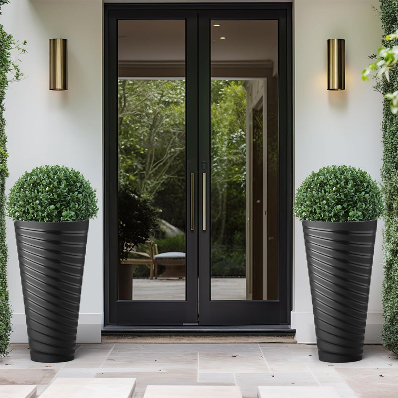 Kante 29 Inch Tall Planter Set of 2, Round Spiral Textured Flower Pots, Decorative Plant Pots for Outdoor Indoor Garden Patio Front Porch (Black) - Image 3