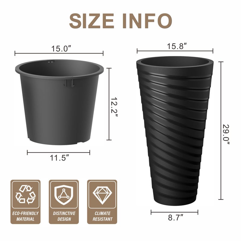 Kante 29 Inch Tall Planter Set of 2, Round Spiral Textured Flower Pots, Decorative Plant Pots for Outdoor Indoor Garden Patio Front Porch (Black) - Image 2