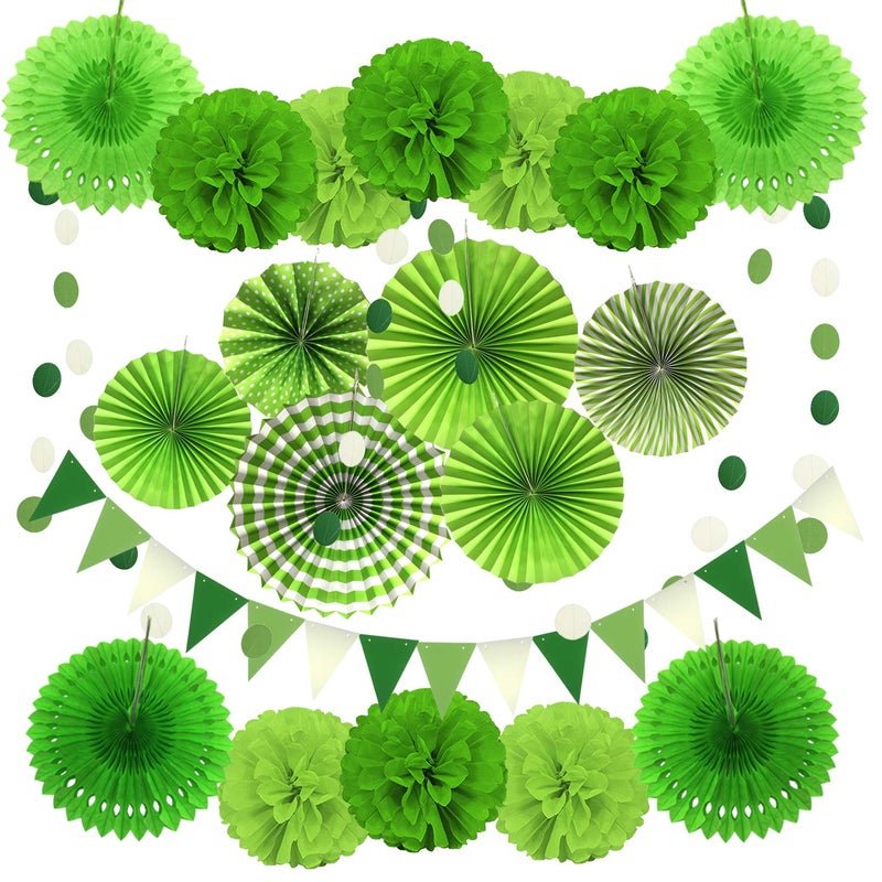 ZERODECO Party Decoration 21 Pcs Green Hanging Paper Fans Pom Poms Flowers Garlands String Polka Dot and Triangle Bunting Flags for Golf Party Dinosaur Birthday Parties Arbor Day