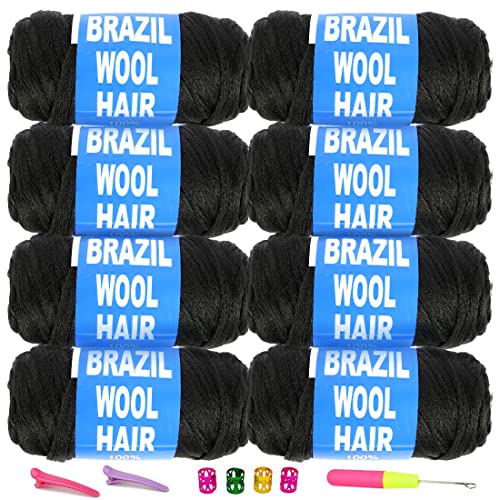 Youngther Brazilian Wool Hair Yarn for Braids 100% Brazilian Wool Hair Acrylic Yarn for African Braids/Spring Twist/Faux Locs/Wraps with Crochet Hook(8 Roll, Natural Black) - Image 1