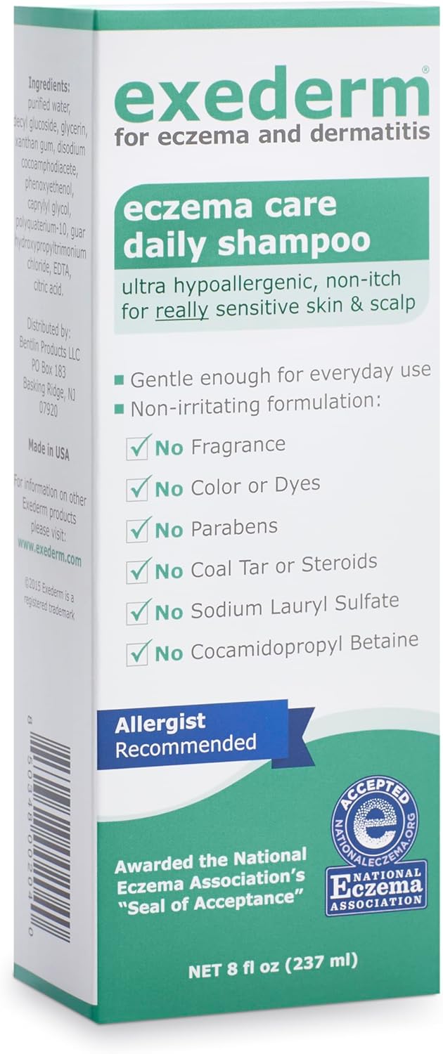 شامبو إكزيديرم للإكزيما والتهاب الجلد الدهني 8 أونصة سائلة تركيبة فائقة الحساسية غير مهيجة للعناية اليومية بالشعر لفروة الرأس الجافة والمتهيجة والمتقشرة والحكة خالية من المواد المسببة للحساسية والبارابين والكبريتات