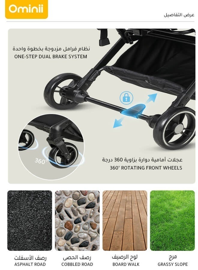أوميني عربة أطفال خفيفة الوزن وقابلة للطي – معتمدة للطائرة، قابلة للإمالة، عجلات ممتصة للصدمات وسلة تخزين، مناسبة للأطفال من عمر 0 إلى 3 سنوات - Image 2