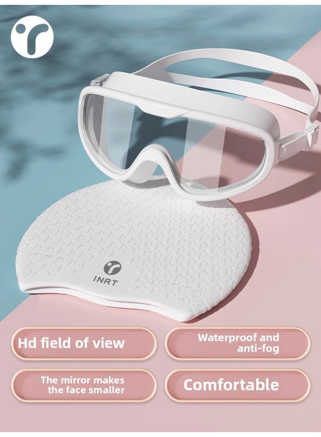Swimming Goggles HD Anti-fog Waterproof Women's Swimming Glasses Large Frame Women's Adult Myopia Goggles Swimming Cap Suit Men-Color:Pearl White Swimming Goggles + Waterproof Swimming Cap (long Hair Optional/no Head Tying) - Flat Light