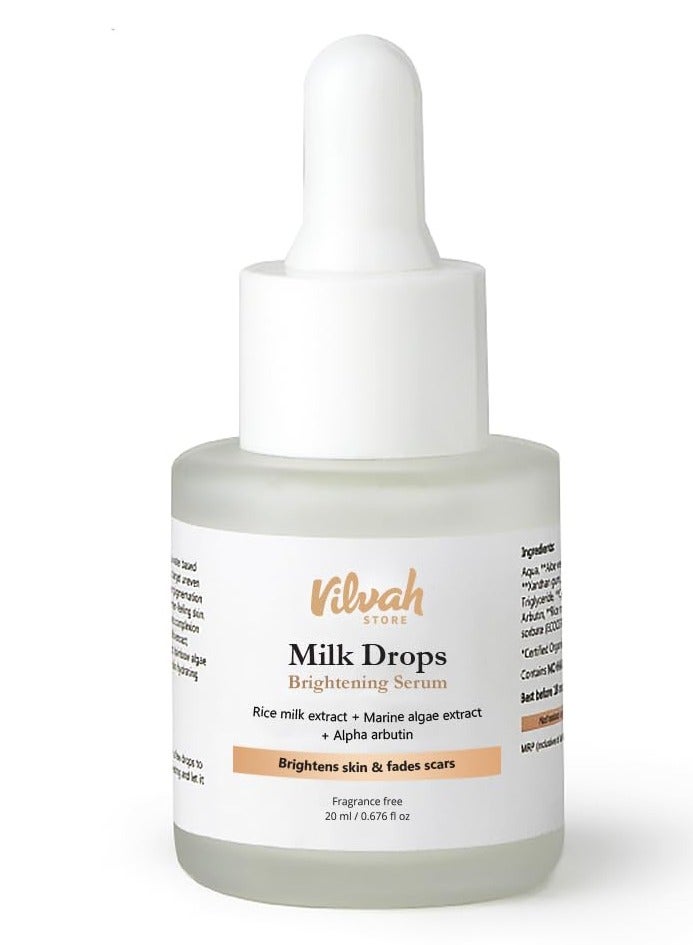 vilvah STORE Milk Drops Brightening Serum Formulated With Rice Milk Extract, Marine Algae Extract, Alpha Arbutin, Fades Scars, Brightens Skin & Even Skin Tone For All Skin Type, 20ml - Image 1