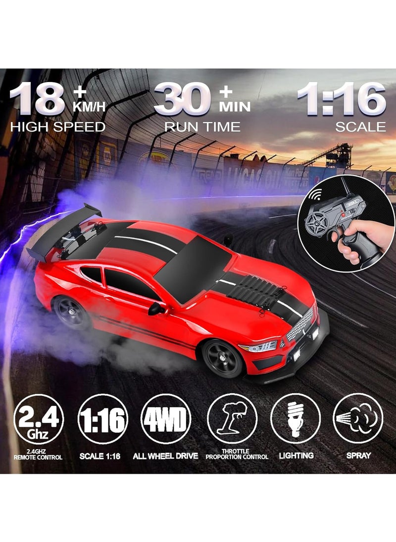 Taizz Ventures - 1:16 Scale Remote Control Car RC Drift Car 4WD 18KM/H High Speed Model Vehicle 2.4GHz with LED Lights Spray Rubber Tire Racing Sport Toy Car for Adults Boys Girls Kids Gift 2Pcs Rechargeable Batteries - Red - Image 1