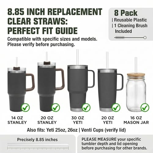 PAKCHOICE 8 Pack Replacement Clear Straws for Stanley 20 oz 14oz Tumbler, 8.85 inch Reusable Plastic Straws for Yeti 30oz 25 oz 26 oz 20 oz Tumbler, Mason Jar 16oz Venti Cup with Brush - Image 4