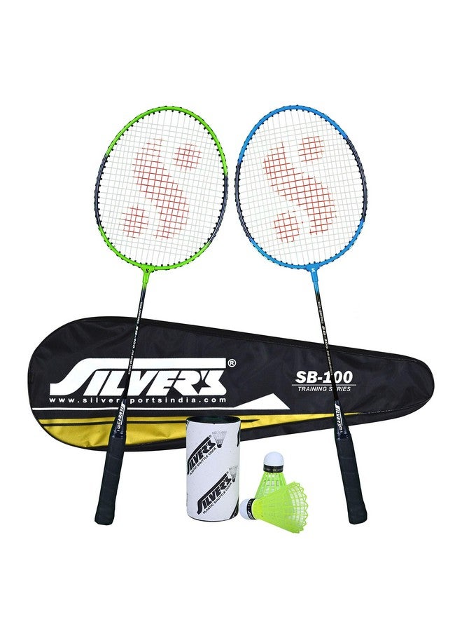 Silvers مجموعة سيلفر SB-100 كومبو-2 (2 مضارب/بادمنتون مع غطاء كامل + 2 قطعة شوتل بلاستيكية) أخضر-أزرق، فولاذي - Image 1