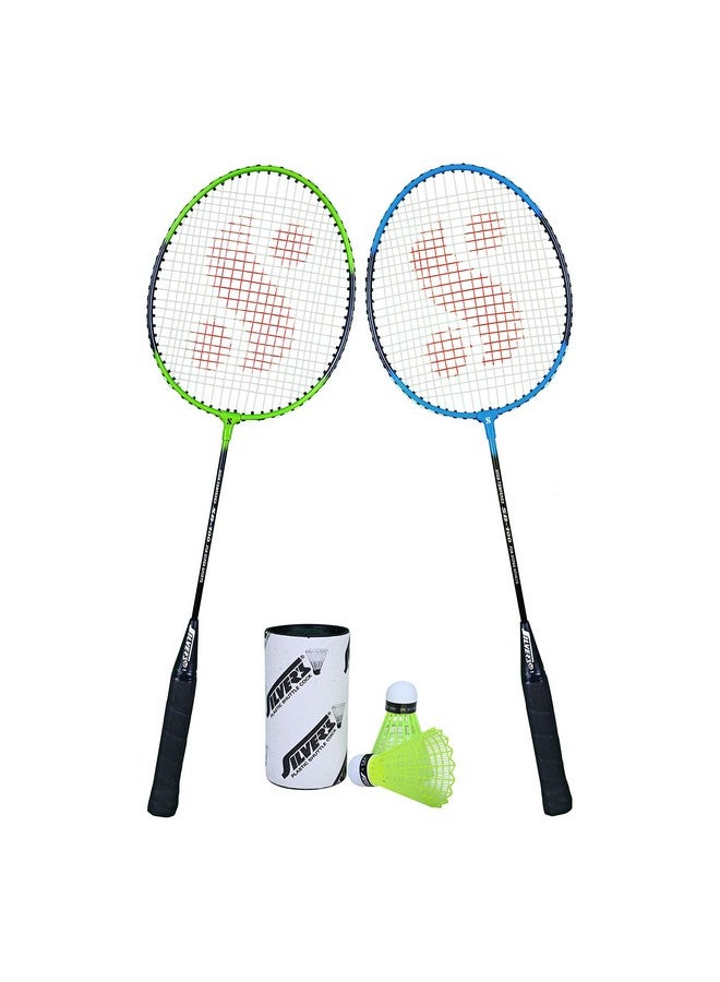 Silvers مجموعة سيلفر SB-100 كومبو-2 (2 مضارب/بادمنتون مع غطاء كامل + 2 قطعة شوتل بلاستيكية) أخضر-أزرق، فولاذي - Image 2