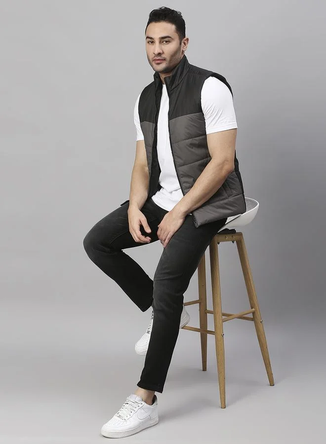 Dennis Lingo  Dark Grey Regular Fit Men's Colourblocked Mock Neck Sleeveless Polyester Jacket with Zipper Closure for Men | Best Price UAE