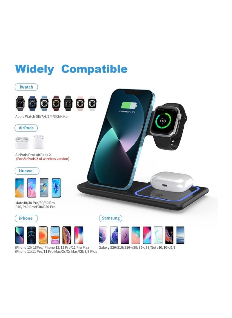 Generic - Wireless Charging Station, 3 in 1 Foldable Wireless Charger Stand, Wireless Charging Stand for iPhone & Samsung Series, Apple Watch, and Qi-Certified Phones (Black) - Image 1