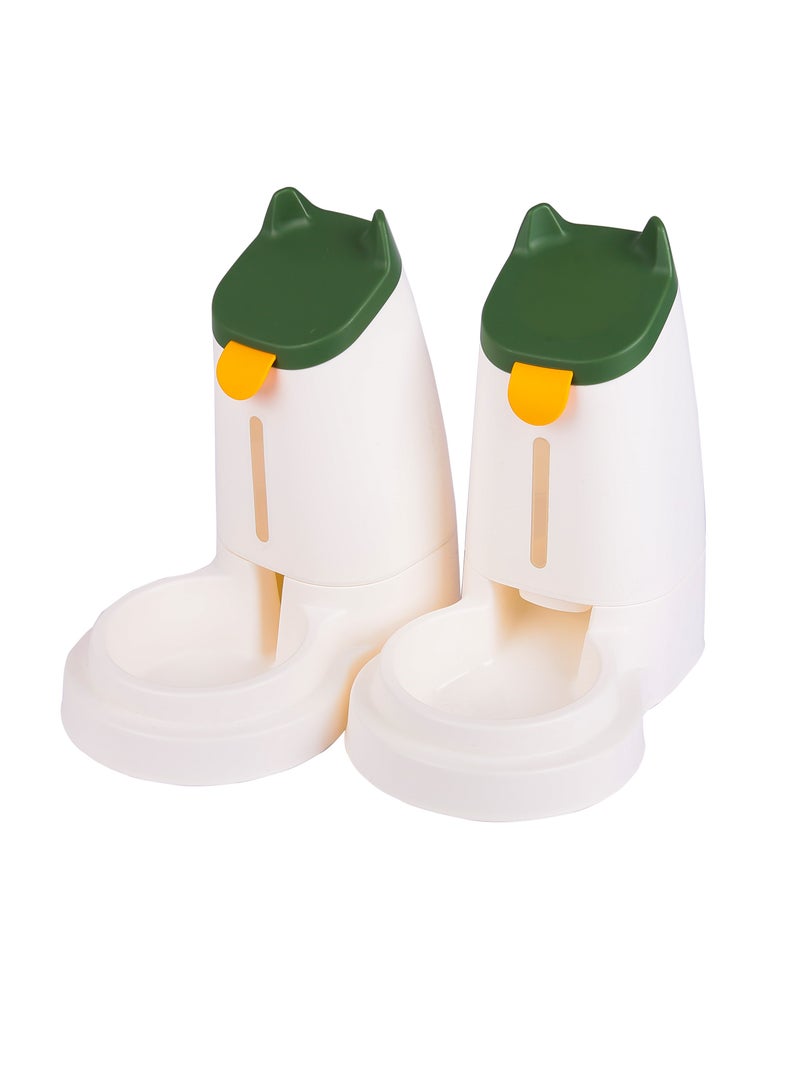 HAPPY PUSS Pet water dispenser and feeder.  Feed gravity type, pack of 2; Self-Dispensing gravity pet drinker and feeder. For cats and dogs. White color with green cover. - Image 1