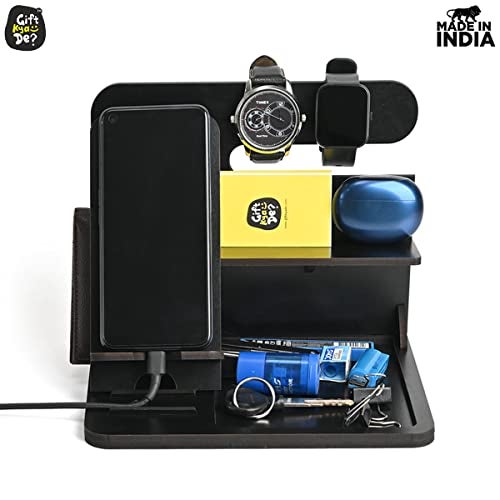 Gift Kya De GKD Wooden Desk Organizer 6 in 1 with Mobile Stand | Table Organizer for Office & Home | Desktop Storage Organizer | Gift for Husband, Brother & Him | Birthday & New Year Gift (Black) - Image 4