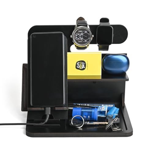 Gift Kya De GKD Wooden Desk Organizer 6 in 1 with Mobile Stand | Table Organizer for Office & Home | Desktop Storage Organizer | Gift for Husband, Brother & Him | Birthday & New Year Gift (Black) - Image 1