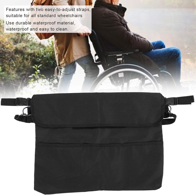 klarako Wheelchair Side Bag, Black Wheelchair Storage Bag Organizer Wheelchair Back Pouch Pockets Waterproof Scooter Back Pouch Armrest Pouch Handy Bag Wheelchair Armrest Accessories for Travel Outdoor - Image 2