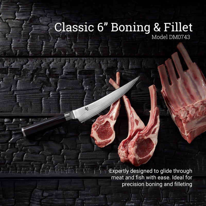 Shun Shun Classic 6" Boning & Fillet Knife, Handcrafted Japanese Curved Boning Knife, VG-MAX Core with Damascus Stainless Steel Cladding, Pakkawood Handle, Meat & Fish Tool for Professional and Home Chefs  - Image 2