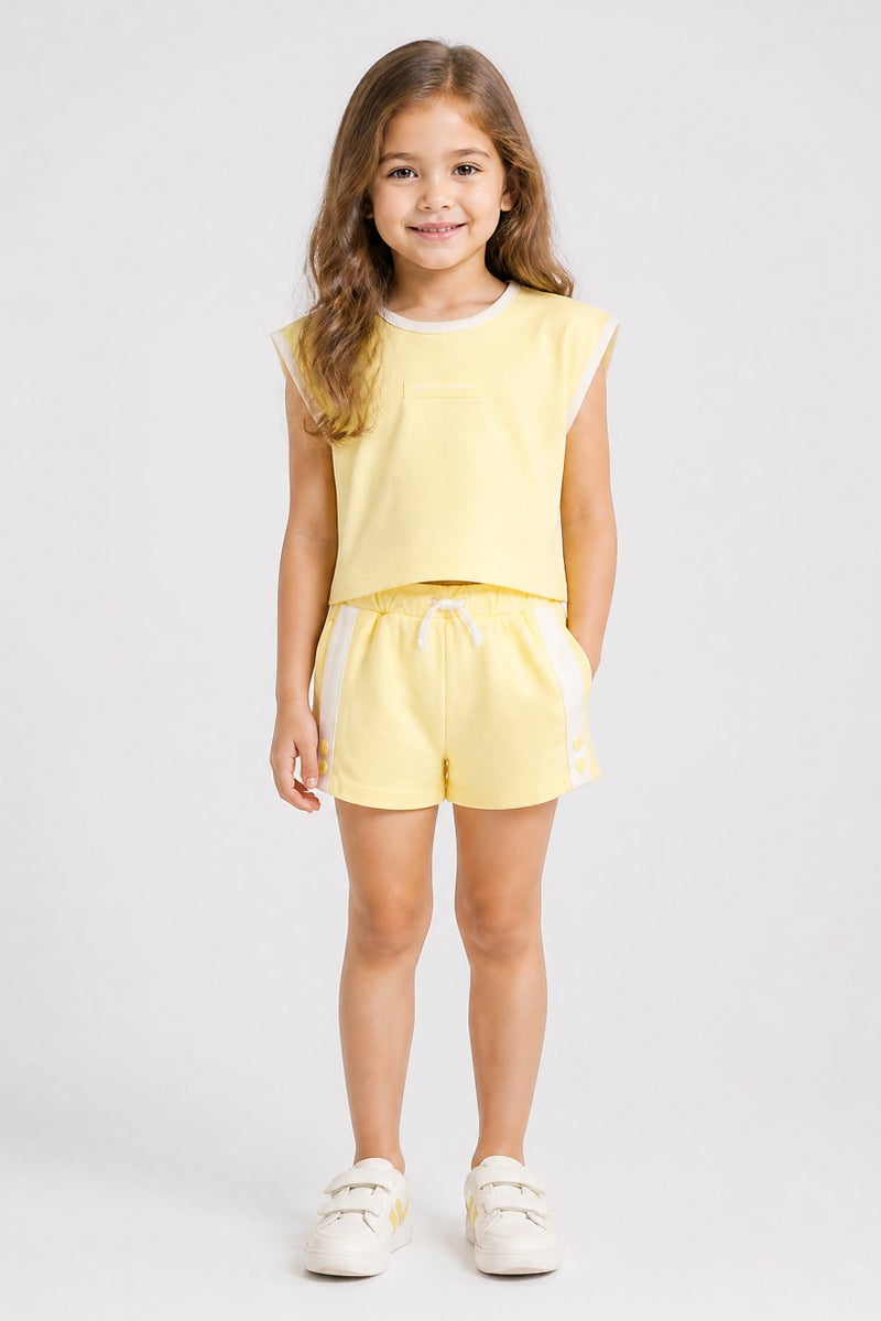Fudo Kids Girl 3 Pcs Embroidered T-Shirt And Shorts With Sunglasses Set, Yellow - Image 1