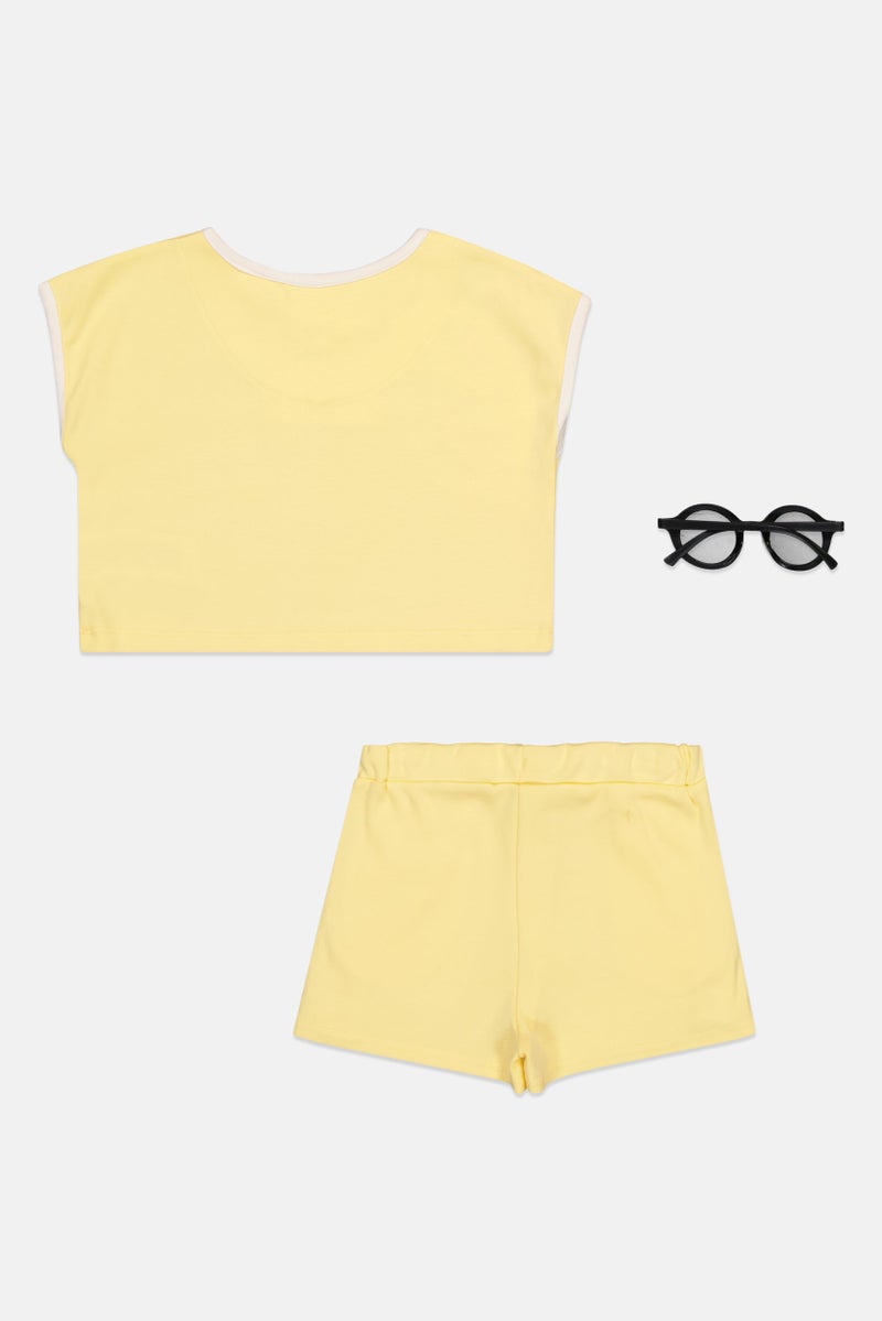 Fudo Kids Girl 3 Pcs Embroidered T-Shirt And Shorts With Sunglasses Set, Yellow - Image 2