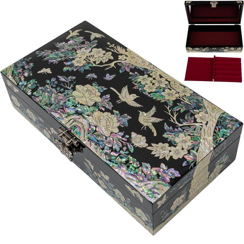 February Mountain Mother of Pearl Large Jewelry Box with Ring Tray - Handmade Unique Gifts for Women - Abalone Shell Keepsake Decorative Box - Image 1