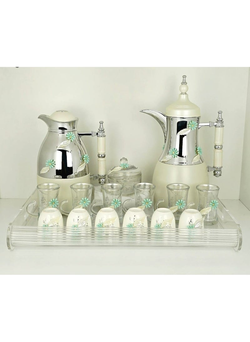 Radin Luxury Tea & Coffee Serving Set 2 Thermos Flasks, 12 Cups, Sugar Pot & Tray  Gold Floral Insulated Hot & Cold Set