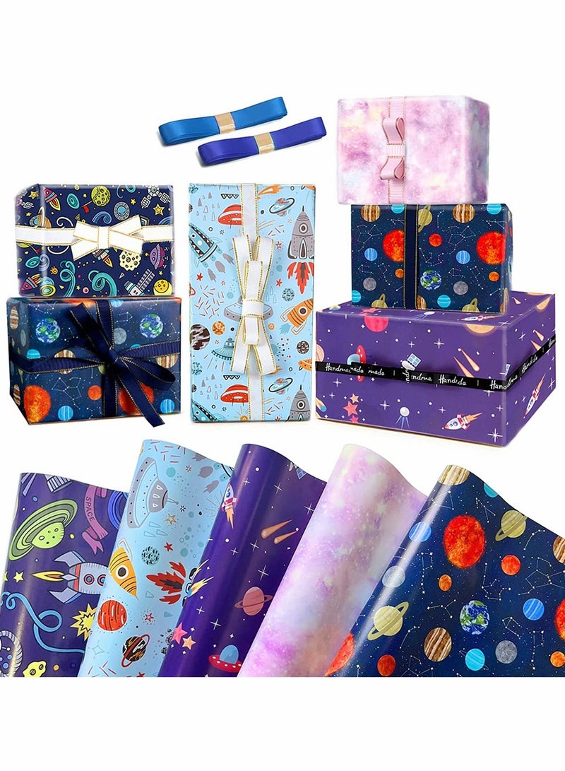 Zikra 5 Outer Space Boys and Girls Birthday Wrapper Paper Ribbon Recyclable Gift Wrapper Set for Birthday Party Holiday Decoration DIY Artwork Supplies - Image 1