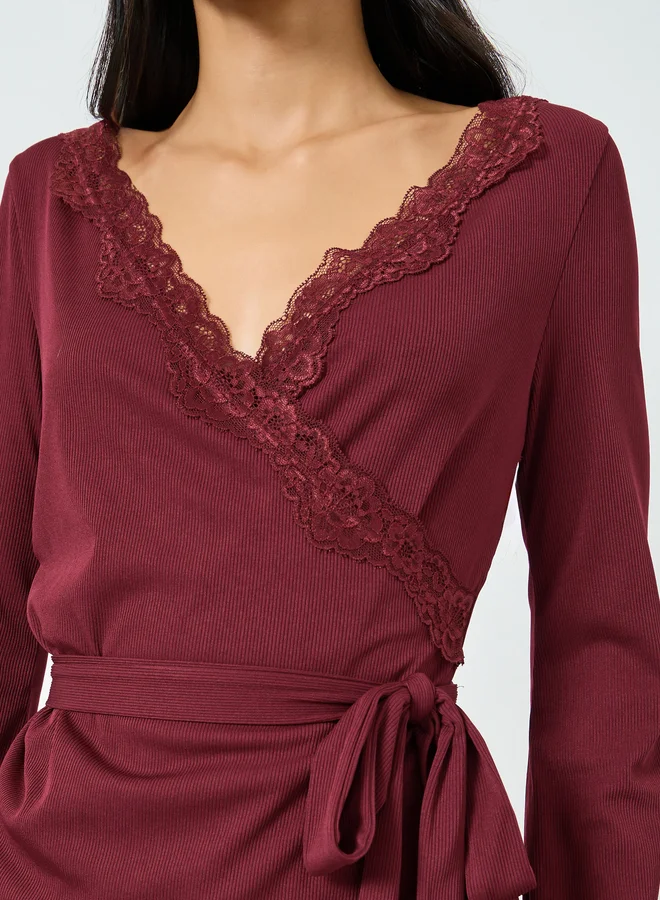 Styli  Burgundy Lace Trim Wrap Tie Front Top and Pyjama Set for Women | Best Price UAE