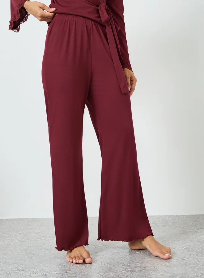 Styli  Burgundy Lace Trim Wrap Tie Front Top and Pyjama Set for Women | Best Price UAE