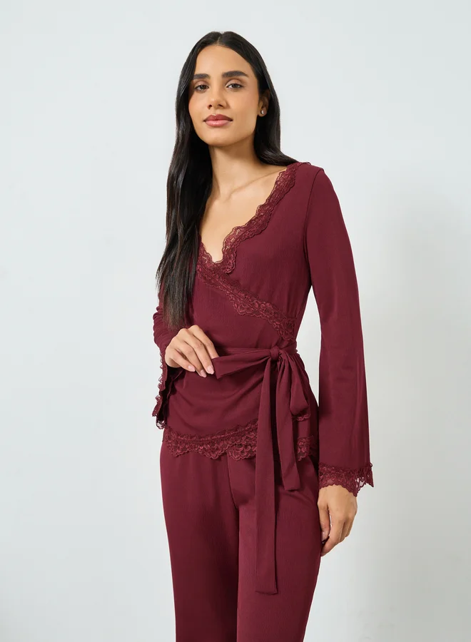 Styli  Burgundy Lace Trim Wrap Tie Front Top and Pyjama Set for Women | Best Price UAE
