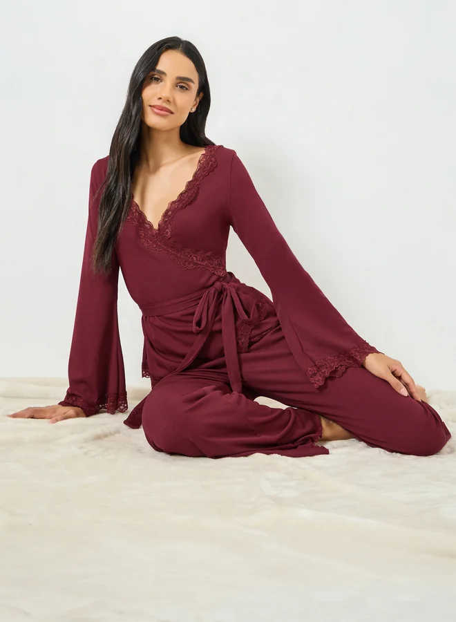 Styli Burgundy Lace Trim Wrap Tie Front Top and Pyjama Set