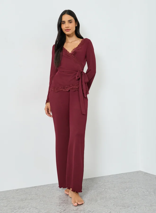 Styli Burgundy Lace Trim Wrap Tie Front Top and Pyjama Set