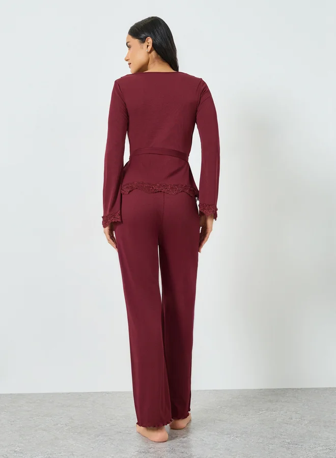 Styli  Burgundy Lace Trim Wrap Tie Front Top and Pyjama Set for Women | Best Price UAE