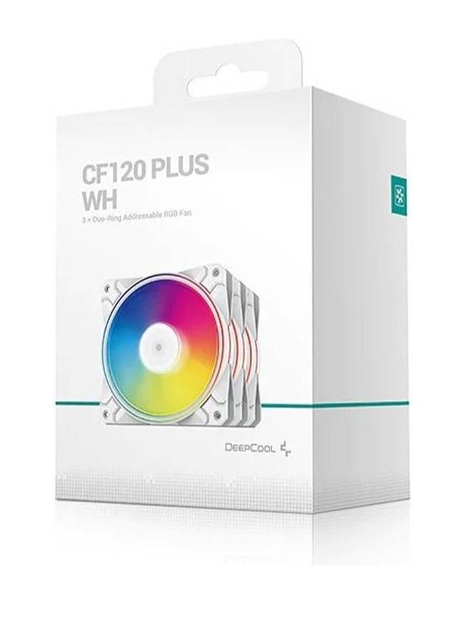 ديب كول مروحة هيكل CF120 PLUS RGB PWM، عبوة من 3 قطع، 120 مم × 26.5 مم، 500-1800 دورة في الدقيقة، تدفق هواء 52.5 قدم مكعب في الدقيقة، ضغط ثابت 2.08 مم، ≤28.8 ديسيبل، 18 مصباح LED RGB قابل للتوجيه، وحدة تحكم A-RGB ومحور PWM رباعي المنافذ، PWM رباعي السنون + مزامنة A-RGB ثلاثية السنون 5 فولت، أبيض | DP-F12-AR-CF120P-WH-3P - Image 1