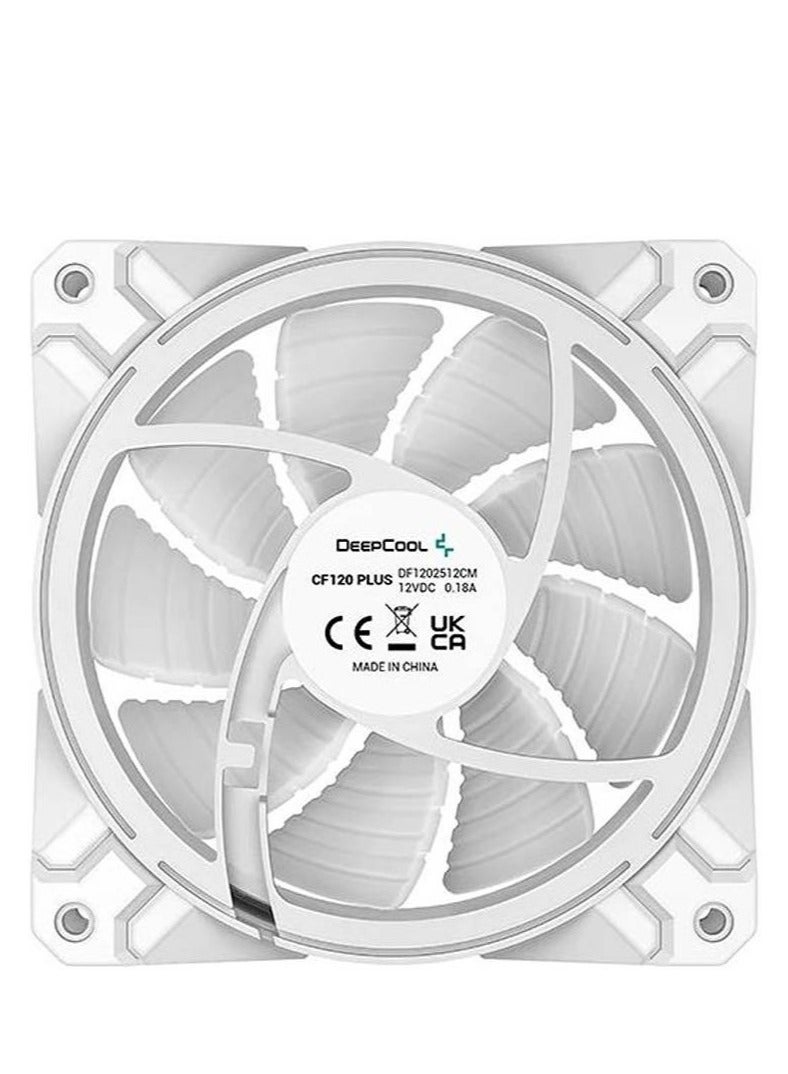 ديب كول مروحة هيكل CF120 PLUS RGB PWM، عبوة من 3 قطع، 120 مم × 26.5 مم، 500-1800 دورة في الدقيقة، تدفق هواء 52.5 قدم مكعب في الدقيقة، ضغط ثابت 2.08 مم، ≤28.8 ديسيبل، 18 مصباح LED RGB قابل للتوجيه، وحدة تحكم A-RGB ومحور PWM رباعي المنافذ، PWM رباعي السنون + مزامنة A-RGB ثلاثية السنون 5 فولت، أبيض | DP-F12-AR-CF120P-WH-3P - Image 4