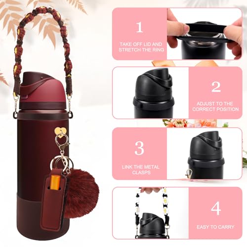 SLEILIN Compatible for Owala Accessories Bundle Silicone Boot for 24oz 32oz Bottles Charms Handle Strap Rubber Bottoms and Decorative Addons for Your Compatible for Owala Water Bottle Black Cherry - Image 3