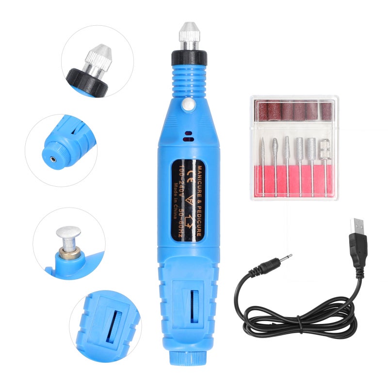 USB Power Supplys Handheld Mini Electric Grinder Nail Gelatum Removing Tool Manicure Machine Speed Adjustable Grinding Rotary Tool Kit with 6 Grinding Heads - Image 2