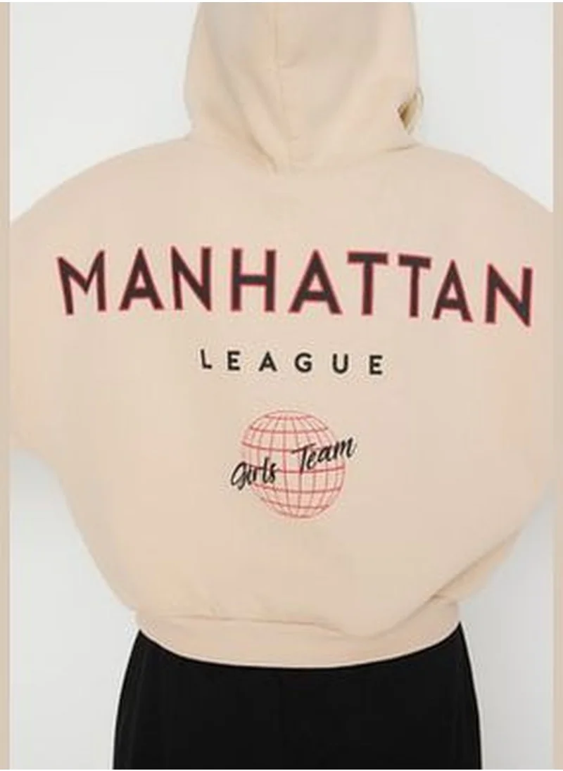trendyol Beige Back with a Print Detailed Hoodie, Fleece Inside Knitted Sweatshirt TWOAW22SW0711.