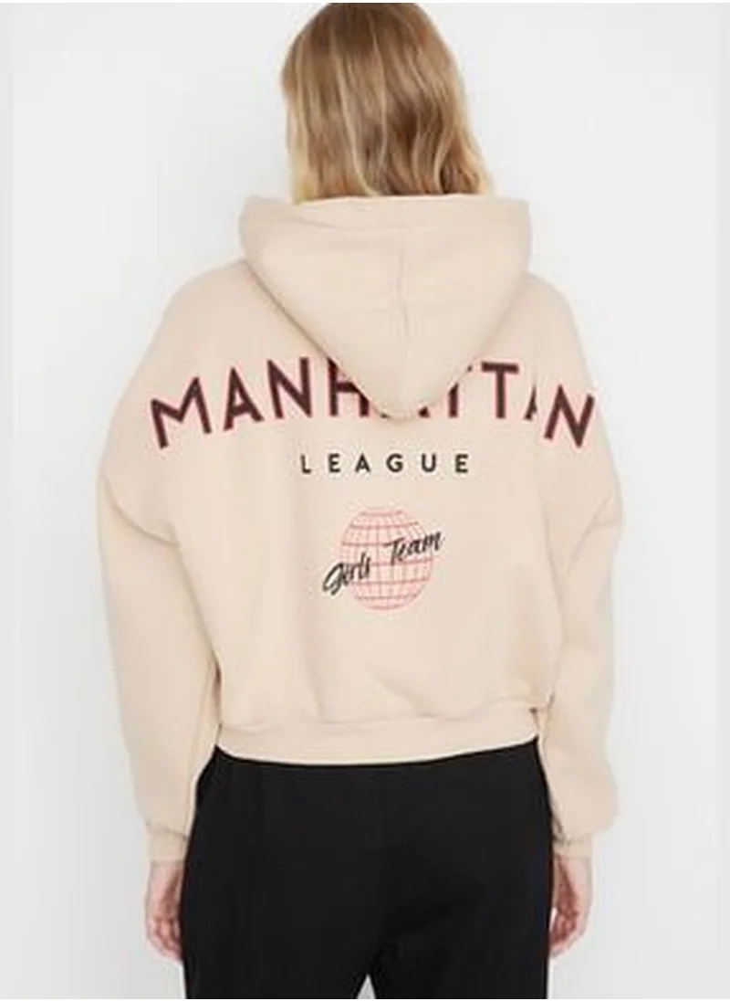 trendyol Beige Back with a Print Detailed Hoodie, Fleece Inside Knitted Sweatshirt TWOAW22SW0711.