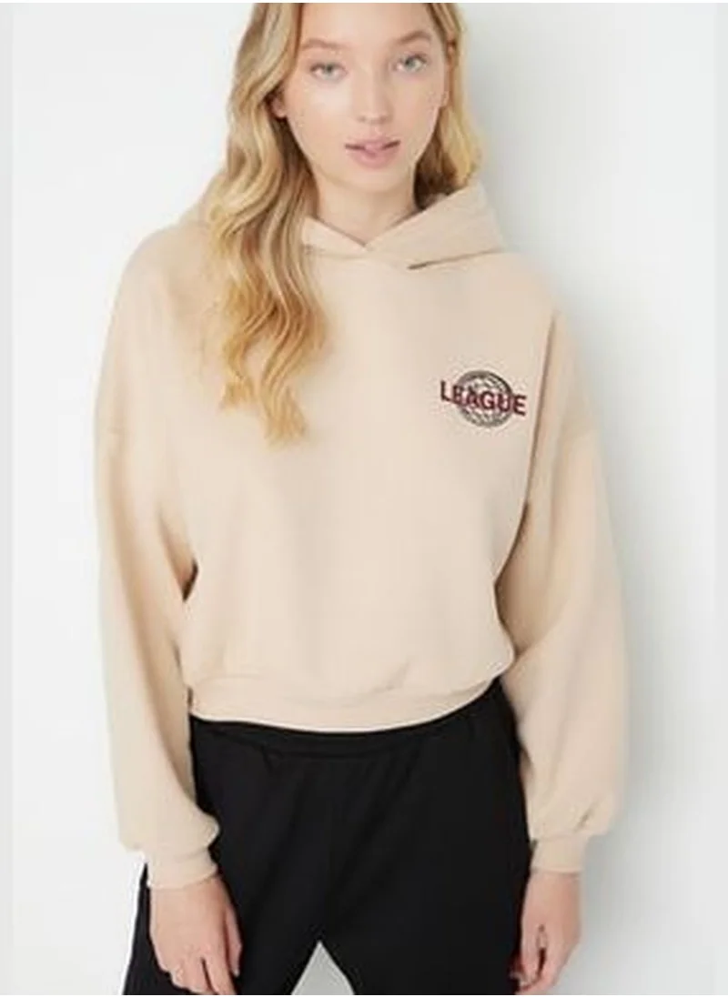 trendyol Beige Back with a Print Detailed Hoodie, Fleece Inside Knitted Sweatshirt TWOAW22SW0711.