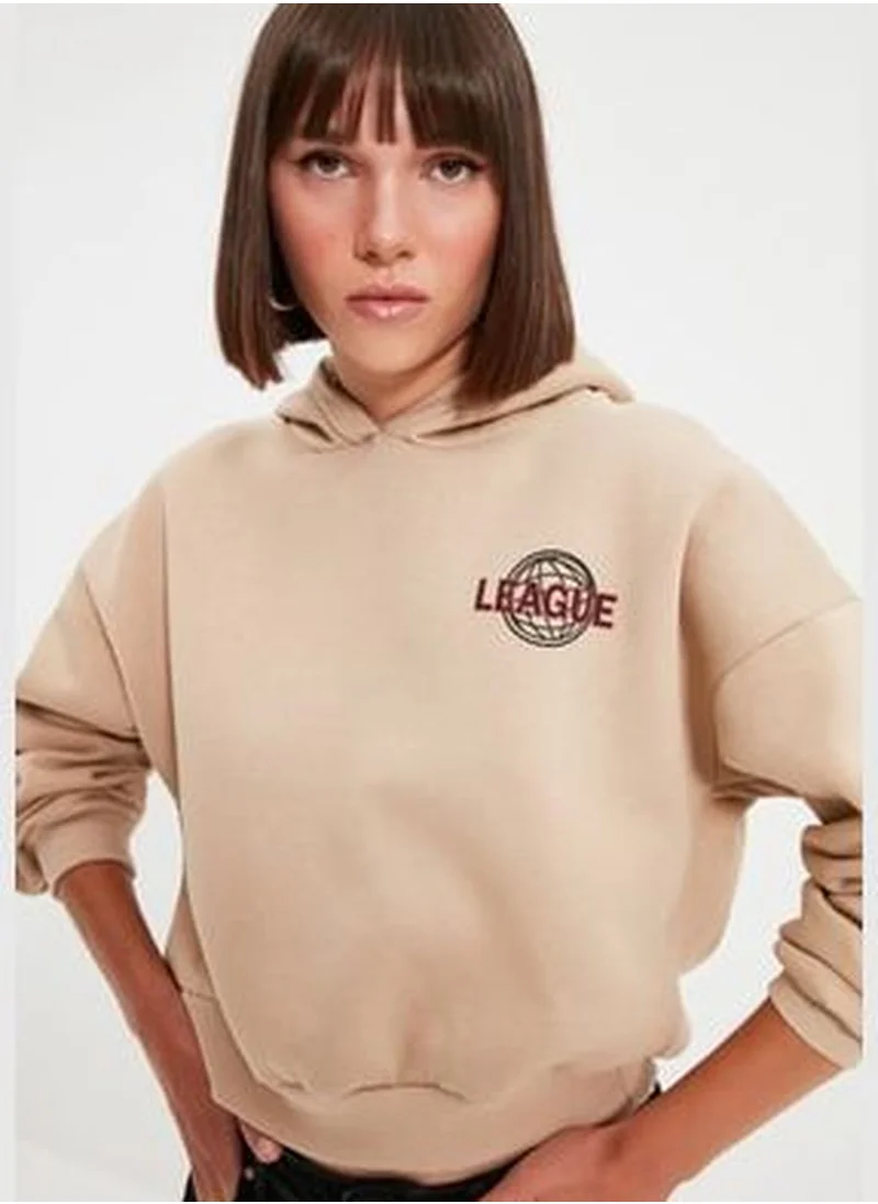 trendyol Beige Back with a Print Detailed Hoodie, Fleece Inside Knitted Sweatshirt TWOAW22SW0711.