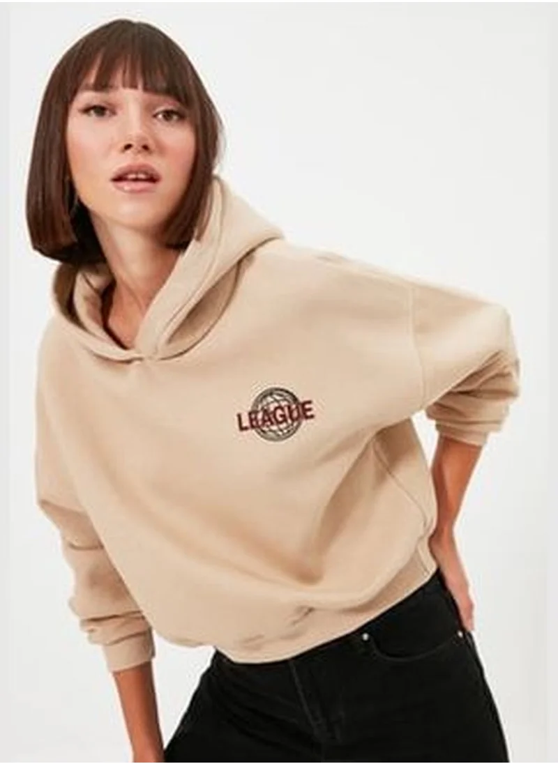 trendyol Beige Back with a Print Detailed Hoodie, Fleece Inside Knitted Sweatshirt TWOAW22SW0711.