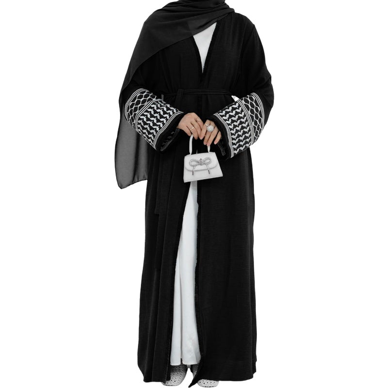 ODIZLI Muslim Dresses For Women Abayas Dress Islamic Prayer Abaya Eid Ramadan Dubai Outfits Long Sleeve Open Front Cardigan Checkered Embroidery Robe Kaftan Dresses Arabic Dress For Women Muslim Black M - Image 1