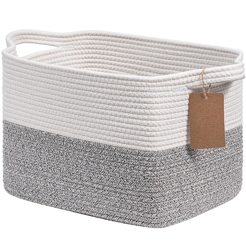 Goodpick Woven Storage Basket, Small Laundry Basket for Clothes, Towels and Shoes, Rope Square Gift Organizer with Handles, Gray and White, 13 x 10 x 9 Inches - Image 1