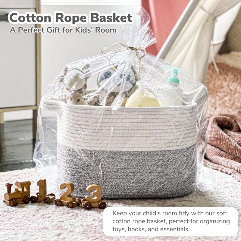 Goodpick Woven Storage Basket, Small Laundry Basket for Clothes, Towels and Shoes, Rope Square Gift Organizer with Handles, Gray and White, 13 x 10 x 9 Inches - Image 2