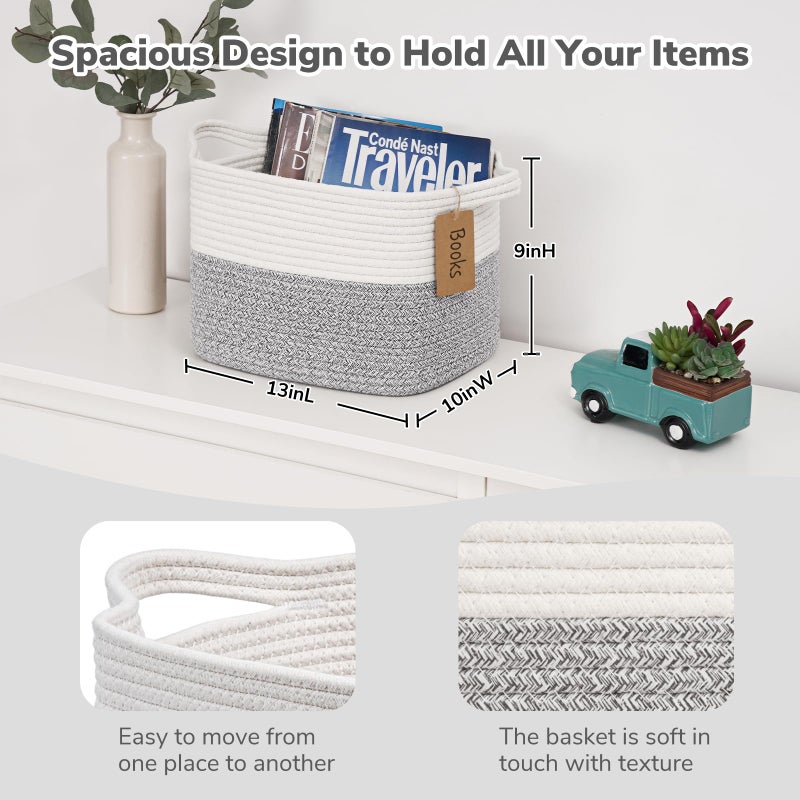 Goodpick Woven Storage Basket, Small Laundry Basket for Clothes, Towels and Shoes, Rope Square Gift Organizer with Handles, Gray and White, 13 x 10 x 9 Inches - Image 3