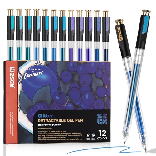 ZSCM Retractable Glitter Gel Pens, 12 Colors Large Capacity Blue Glitter Metallic Gel Ink Pen, 1 mm Fine Point Smooth Writing Color Pens for Adult Coloring Book Note Taking Aesthetic Art Supplies - Image 1